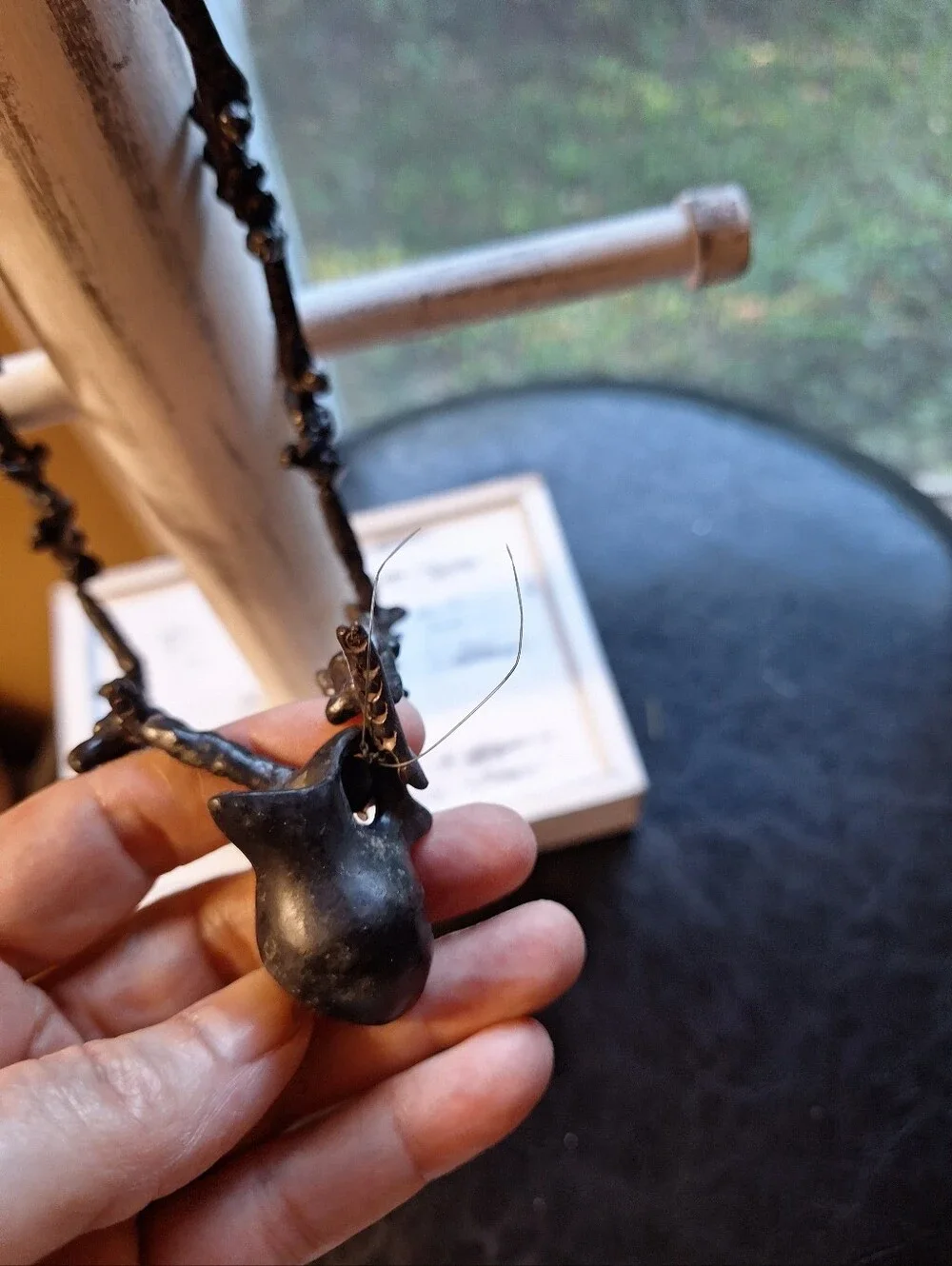 Mexican  Black Pottery Bird Pot Fetish Folk Art Bead Necklace